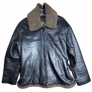 Vintage‎ Pioneer Wear Leather Bomber Jacket Women L Sherpa Collar Western
